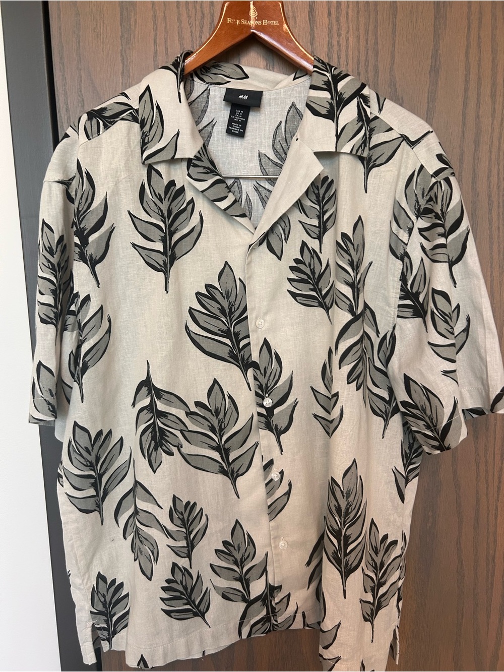 H&M Beige Short-Sleeve Button-Down with Black Leaf Print